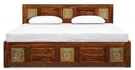 Furinno Sheesham Wood King Size Double Bed with Brass Work and Storage Box Furniture for Bedroom (Brown Walnut Matte Finish)