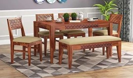 WoodRylen Solid Sheesham Wood Dining Table 6 Seater | Six Seater Dinning Table with 4 Chairs & 1 Bench for Home & Restaurant | Dining Room Set | (Sheesham Wood, Honey Finish) |